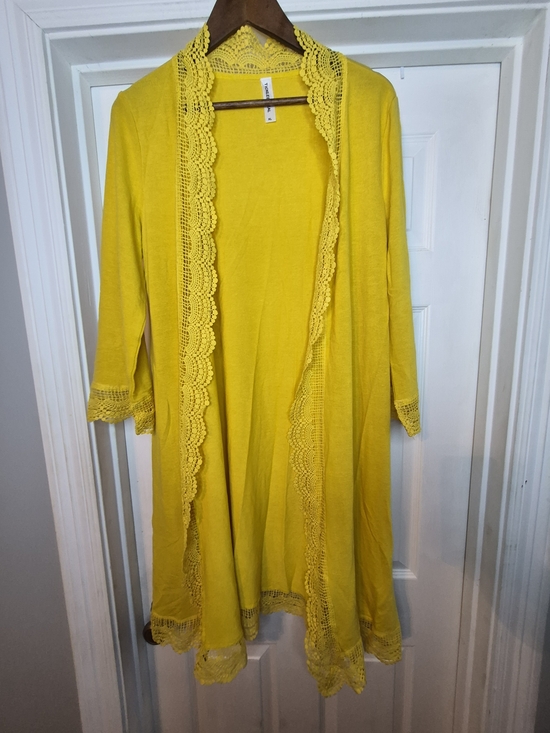 Tickled teal Tops - Tickled Teal Bright Yellow Crochet-Trim Open Cardigan Xl